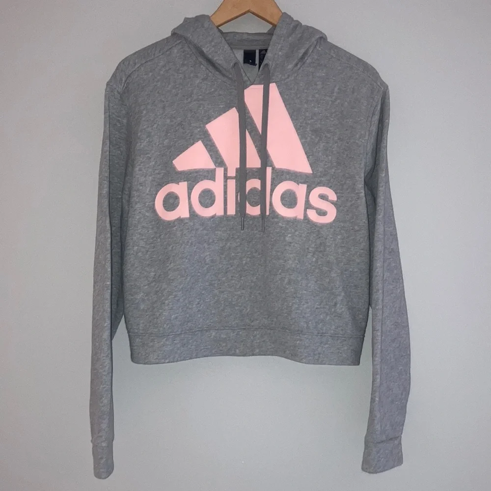 Adidas Gray & Pink Crop Top Hooded Sweatshirt Sz Youth XL - Picture 1 of 8